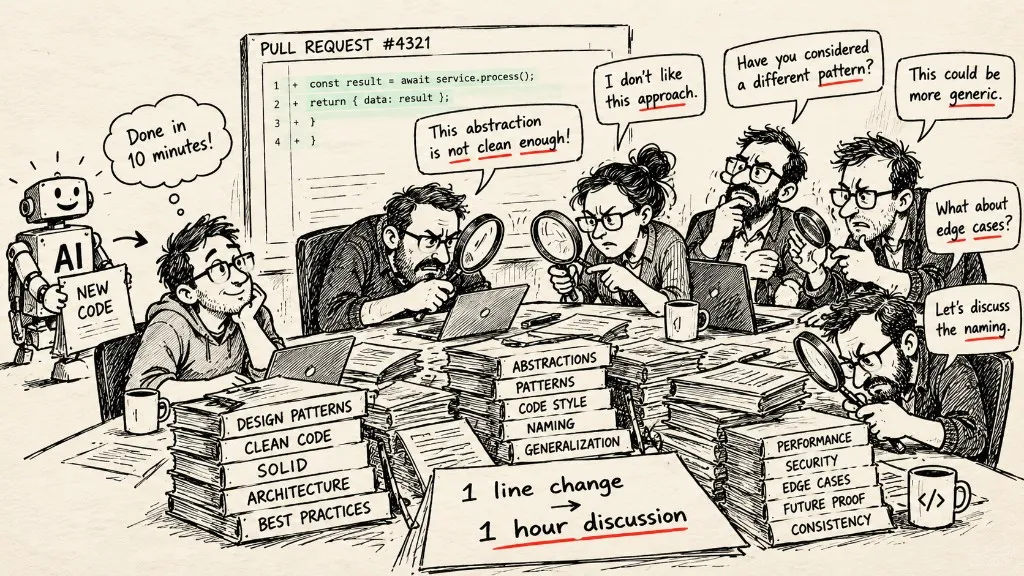Engineers with magnifying glasses spend an hour debating a pull request an AI finished in ten minutes—abstractions, naming, patterns, and edge cases