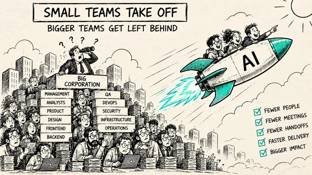 A small team takes off on an AI rocket while a large corporation stays on the ground under layers of management, specialists, and handoffs
