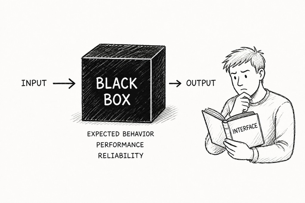 A black box with input and output arrows; a developer studies an interface book instead of looking inside