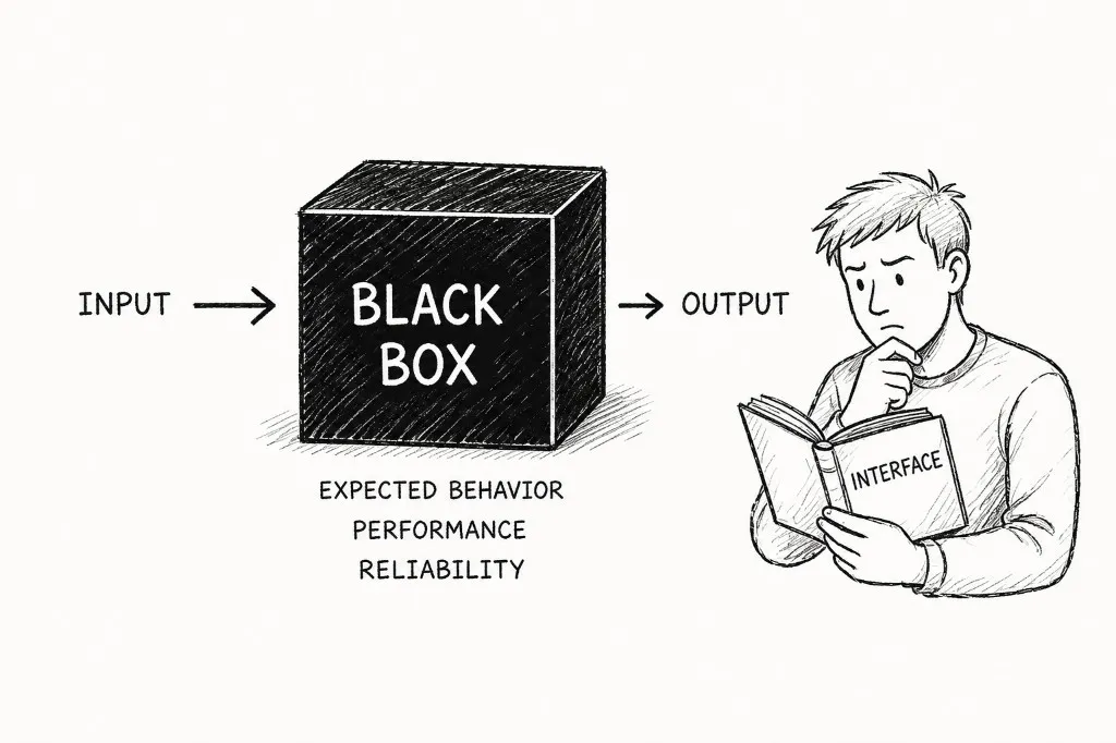 A black box with input and output arrows; a developer studies an interface book instead of looking inside