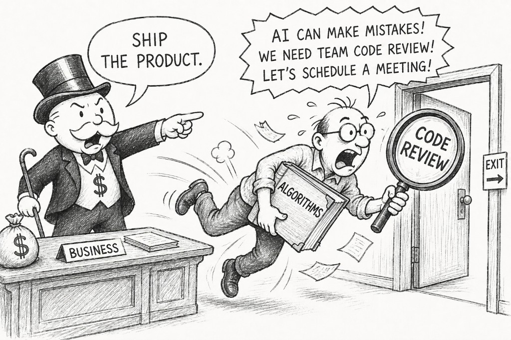 A businessman yelling "SHIP THE PRODUCT" while a panicked developer flees with an algorithms book and a code-review magnifying glass