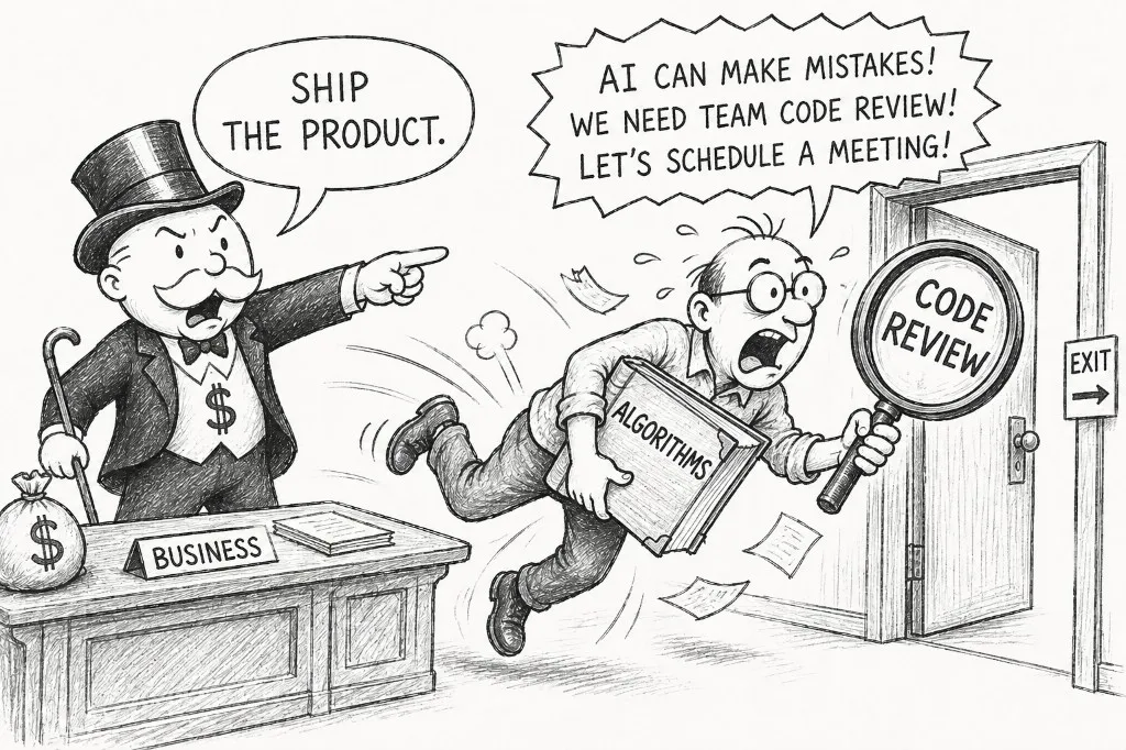 A businessman yelling "SHIP THE PRODUCT" while a panicked developer flees with an algorithms book and a code-review magnifying glass