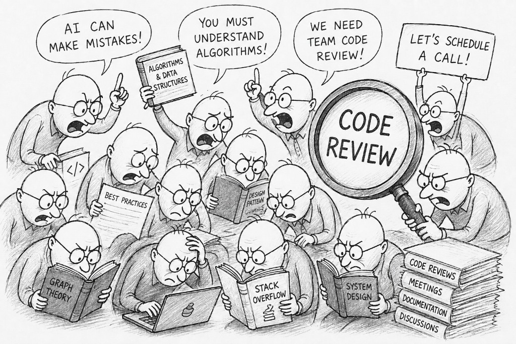 Stressed developers demanding code reviews, meetings, and algorithm textbooks while shouting that AI can make mistakes
