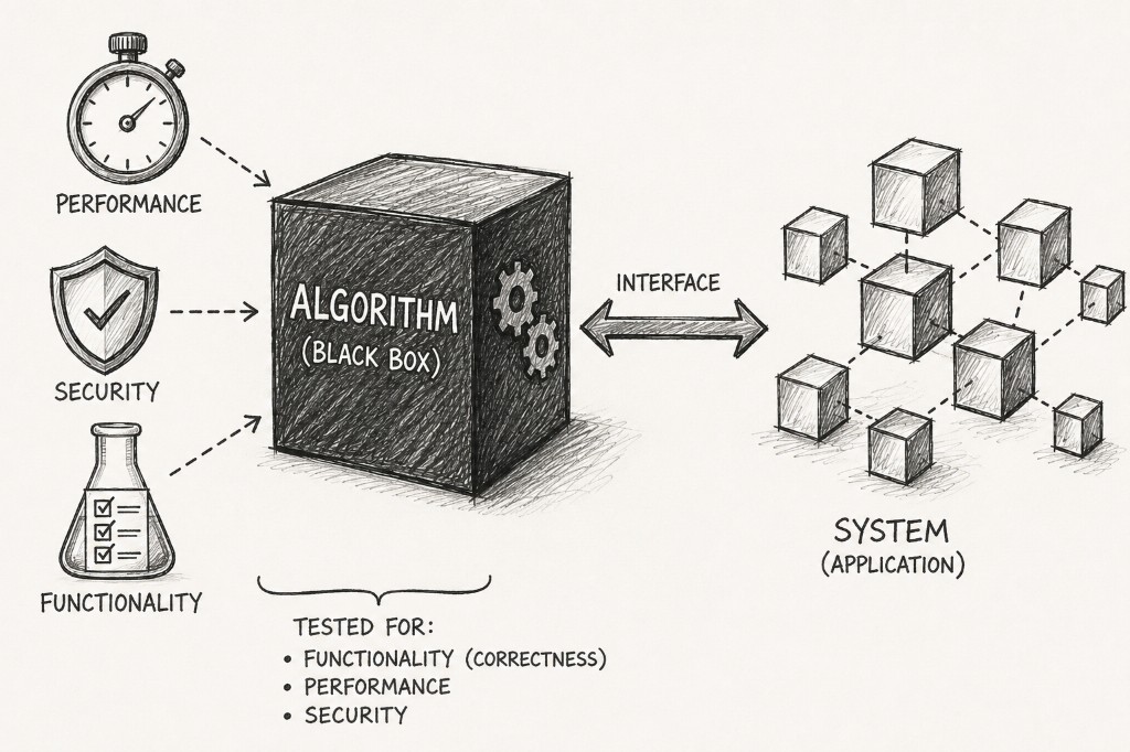 An algorithm black box tested for performance, security, and functionality, connected through an interface to a larger system