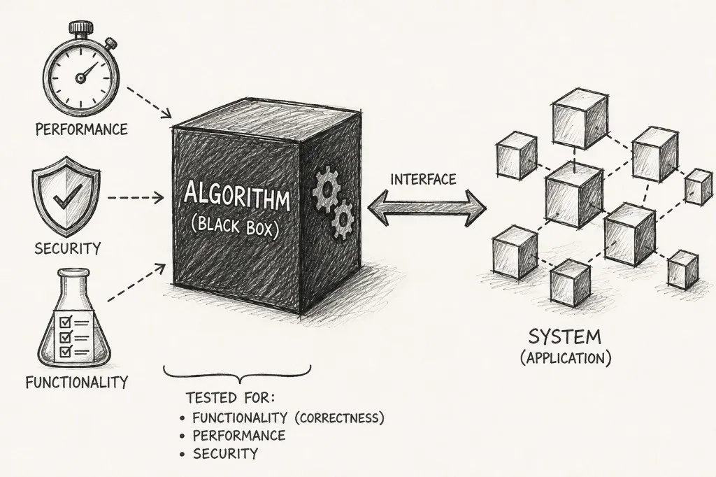 An algorithm black box tested for performance, security, and functionality, connected through an interface to a larger system