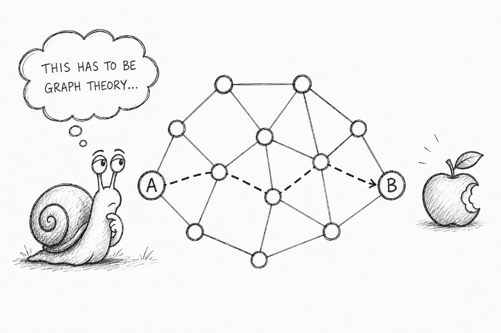 A pensive snail looking at a network graph with a path from A to B, thinking "THIS HAS TO BE GRAPH THEORY..." while trying to reach a bitten apple