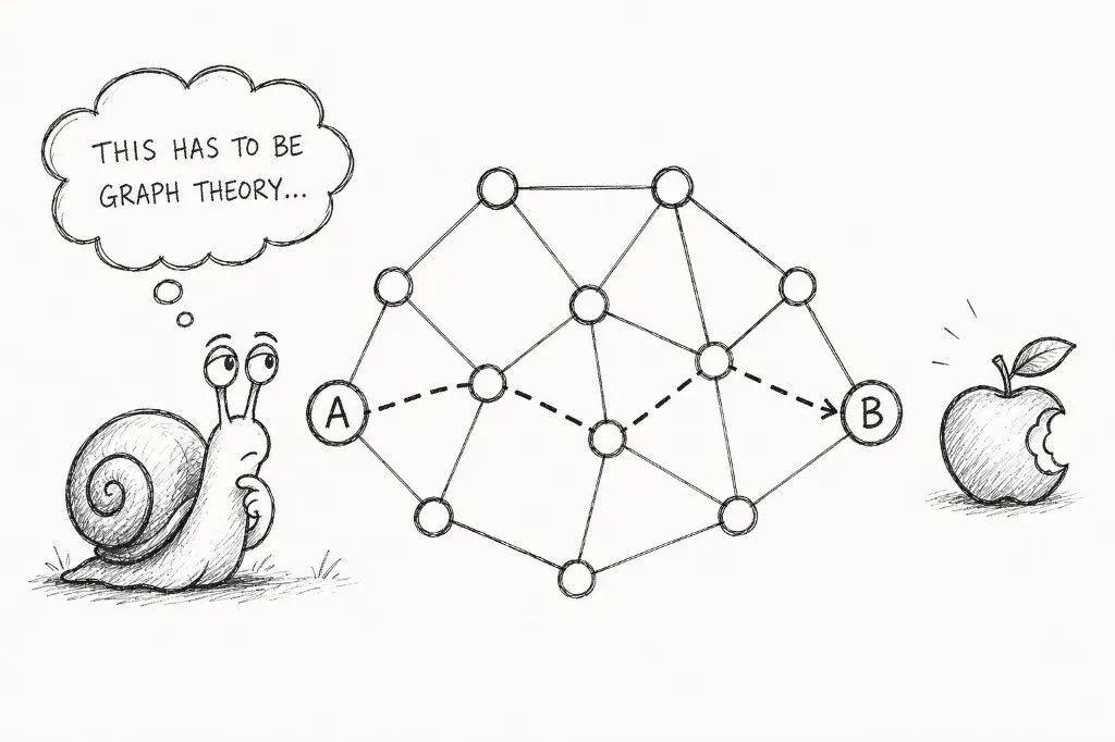 A pensive snail looking at a network graph with a path from A to B, thinking "THIS HAS TO BE GRAPH THEORY..." while trying to reach a bitten apple